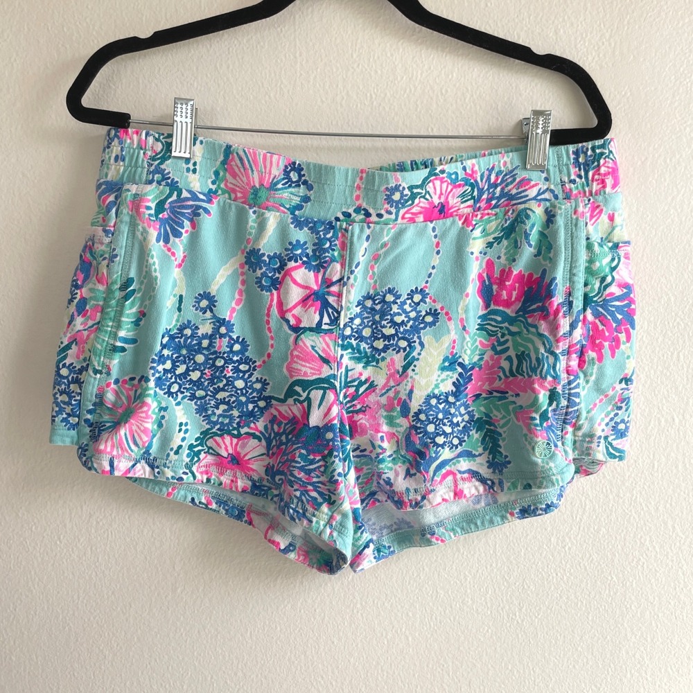 Lilly Pulitzer Knit Shorts Blue Pink Floral Elastic Waist Side Pockets Size L